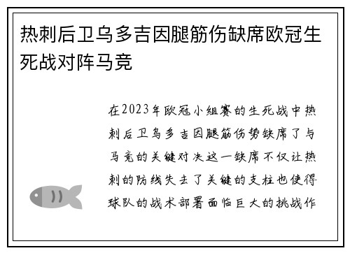 热刺后卫乌多吉因腿筋伤缺席欧冠生死战对阵马竞